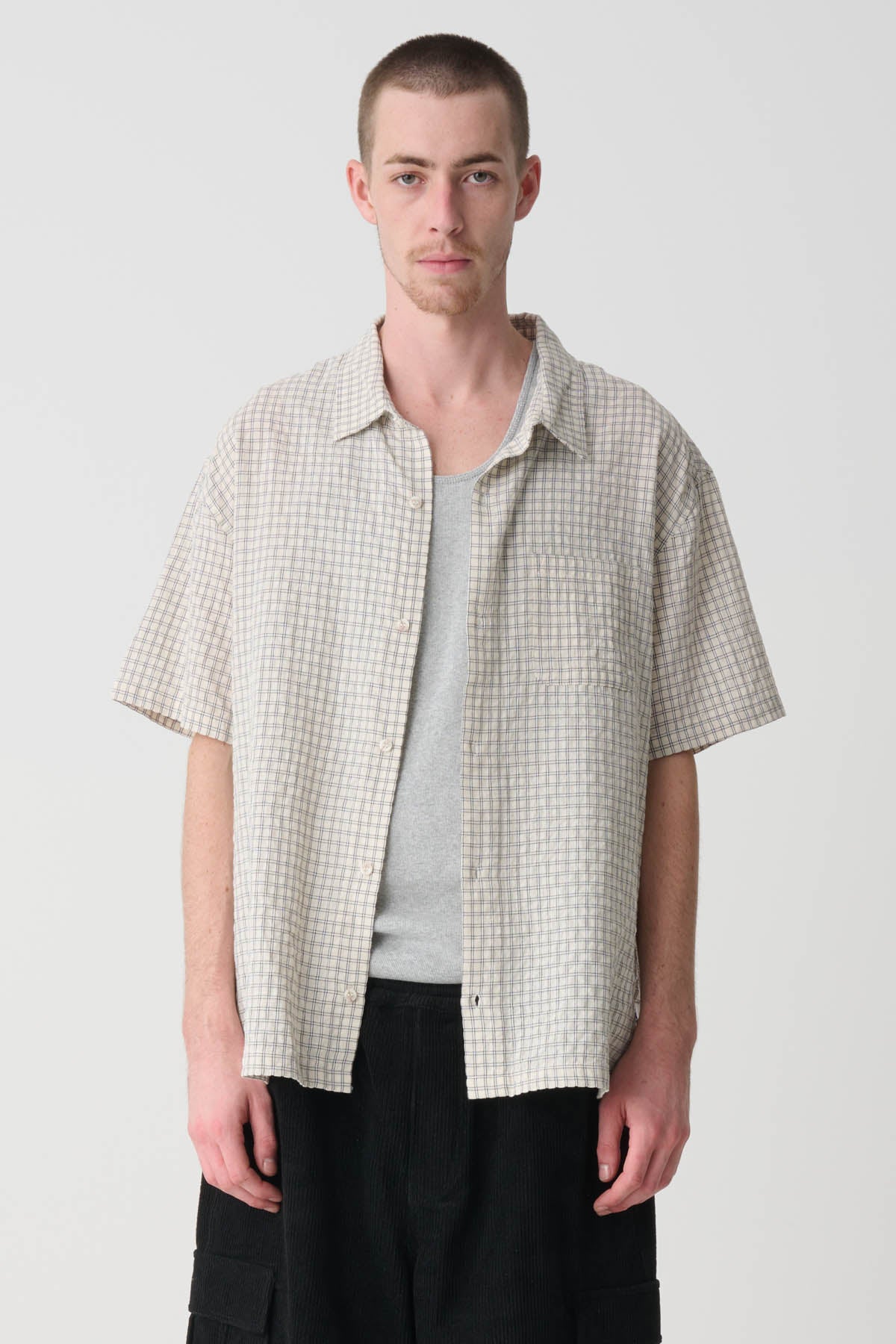 シャツ IONSEOUL S Linen Check Half Shirt Buy Navy/ Neutral Gingham Check Easy Iron Button Down Short