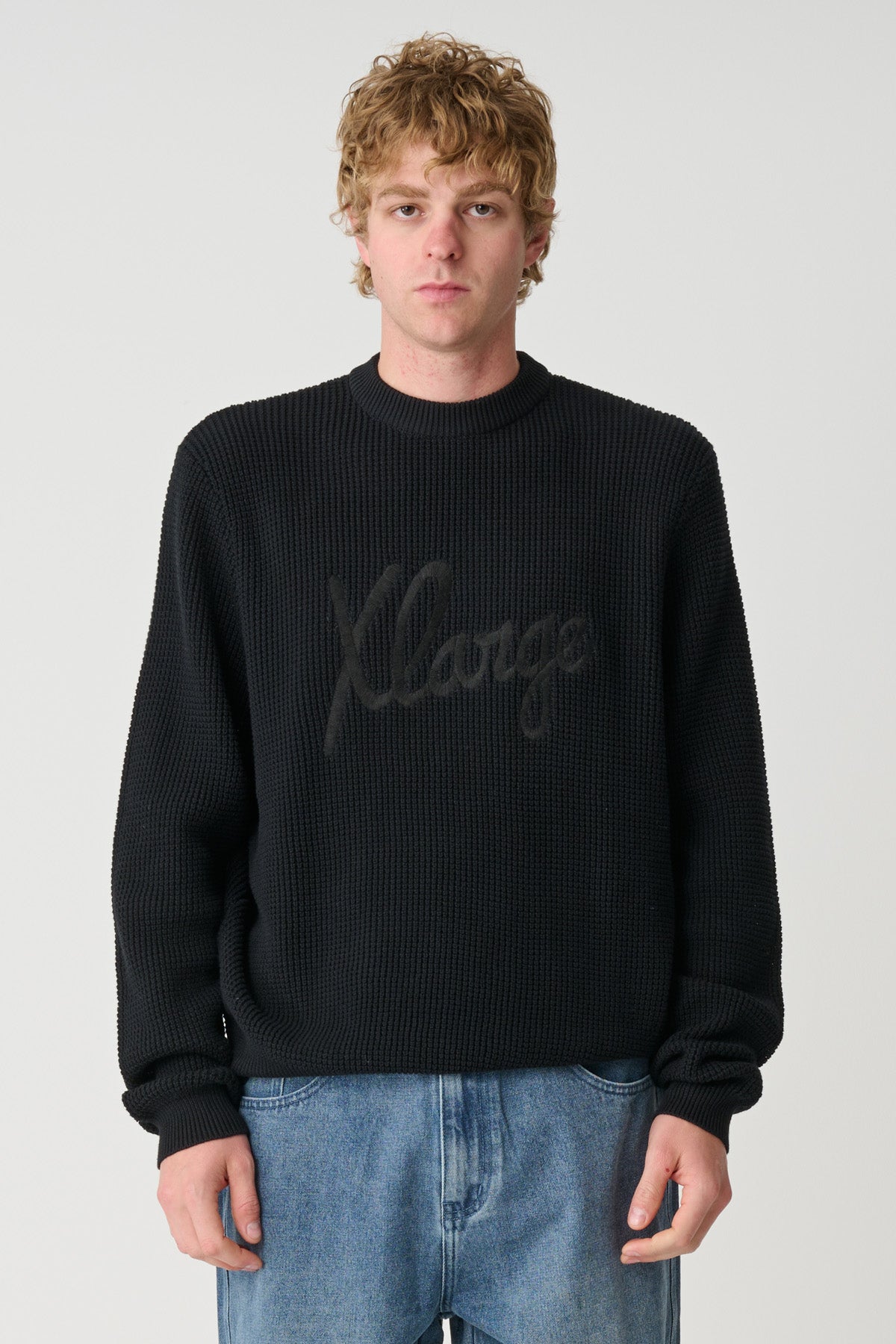 SCRIPT WAFFLE KNIT SWEATER - BLACK | Xlarge AU – XLarge Brand