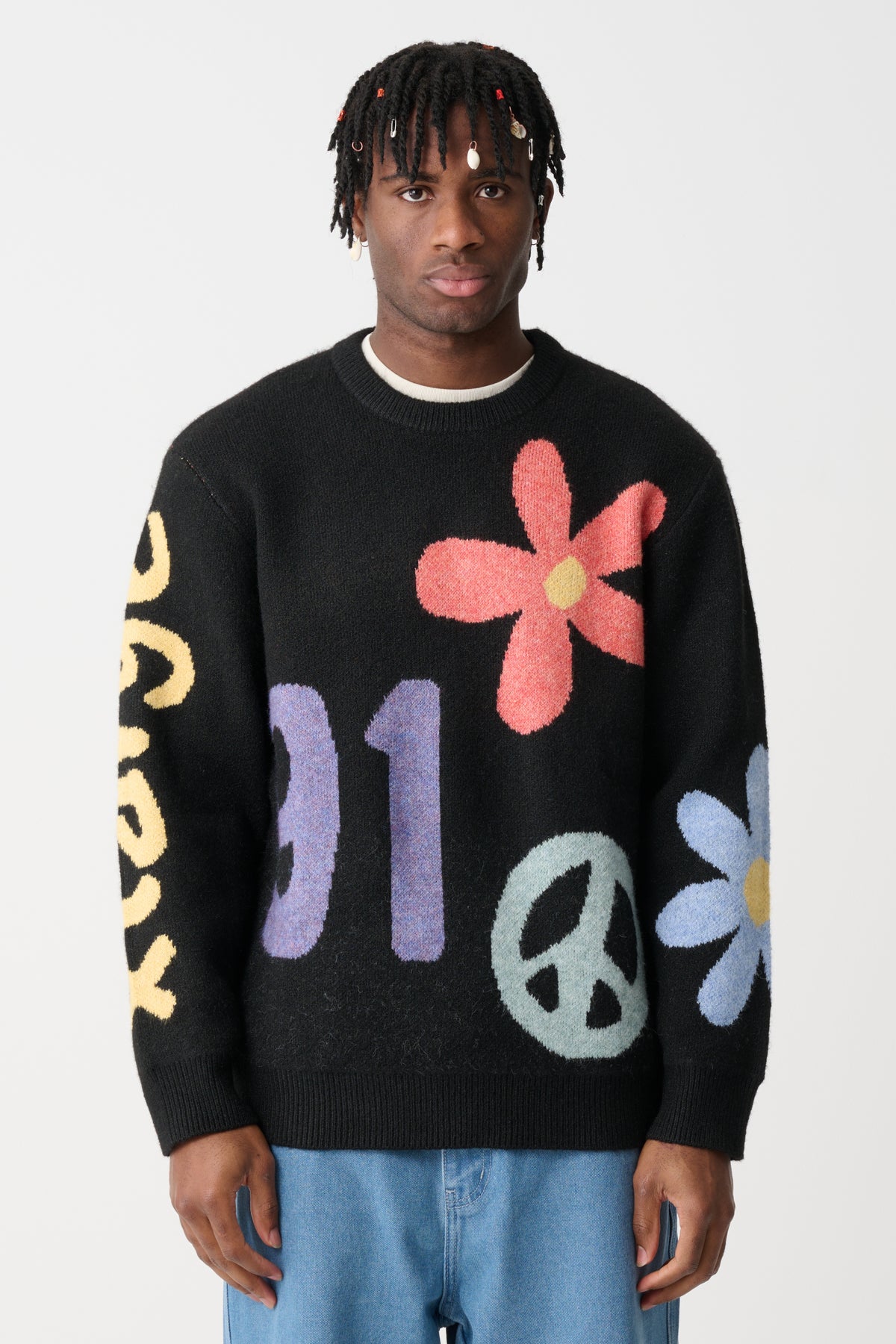 OHGA FLOWER KNIT PULLOVER ブラック Bleached Knit Pullover （Black） -FASCINATE